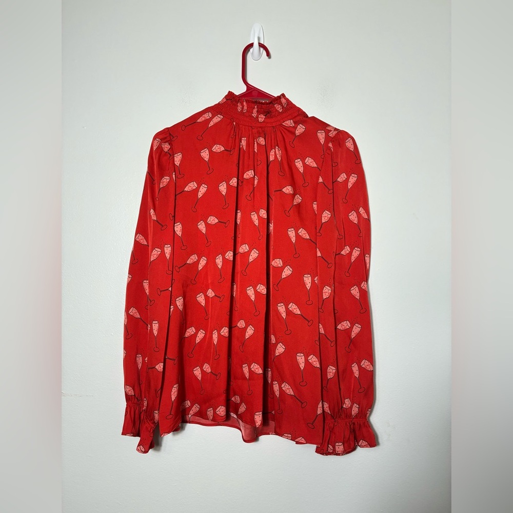 Tucker Blouse Sz Small Wine novelty Print Red Silk High‎ Neck